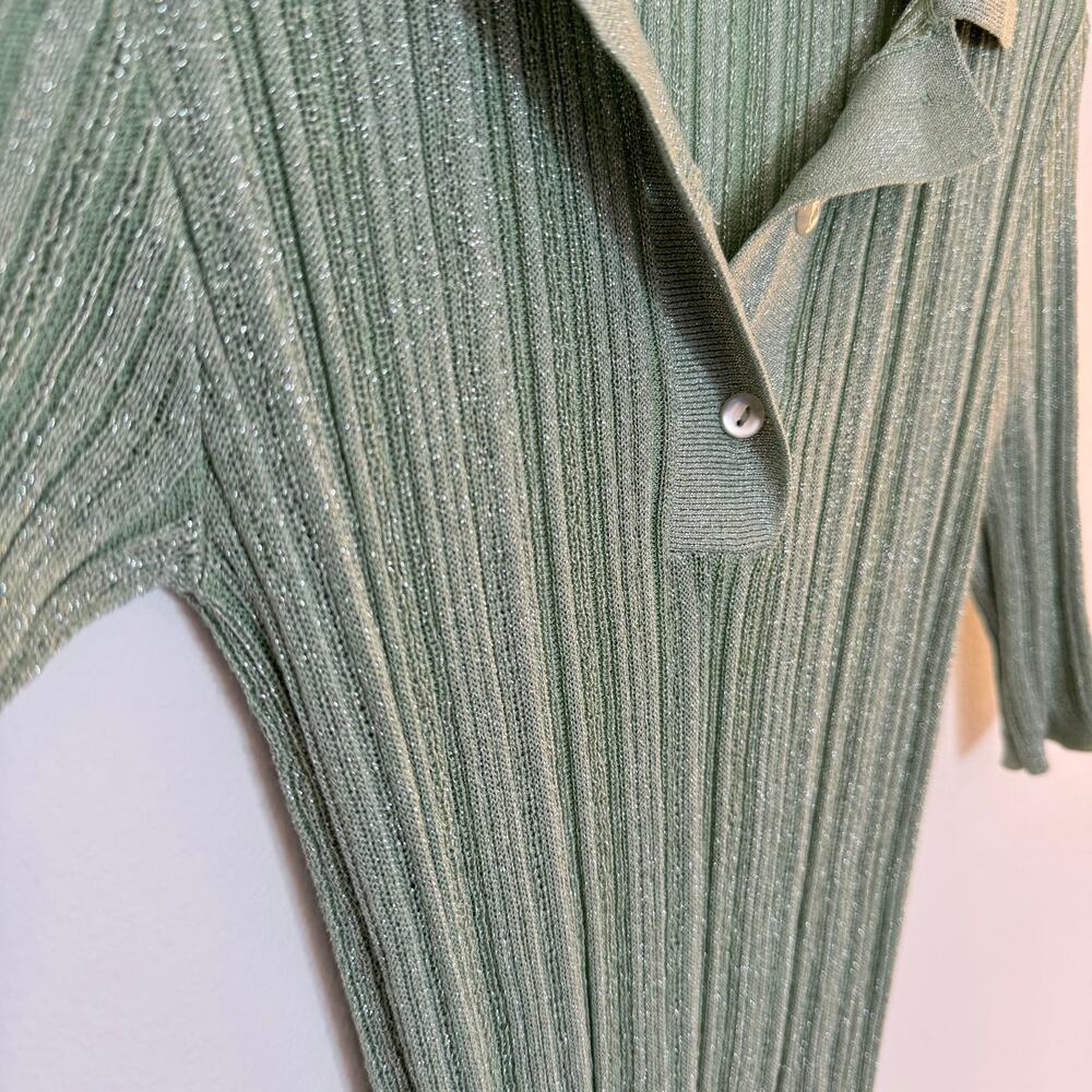 Zara Metallic Rib Knit Polo Top Sage Green Glitter Short Sleeve Size S Y2K 90s